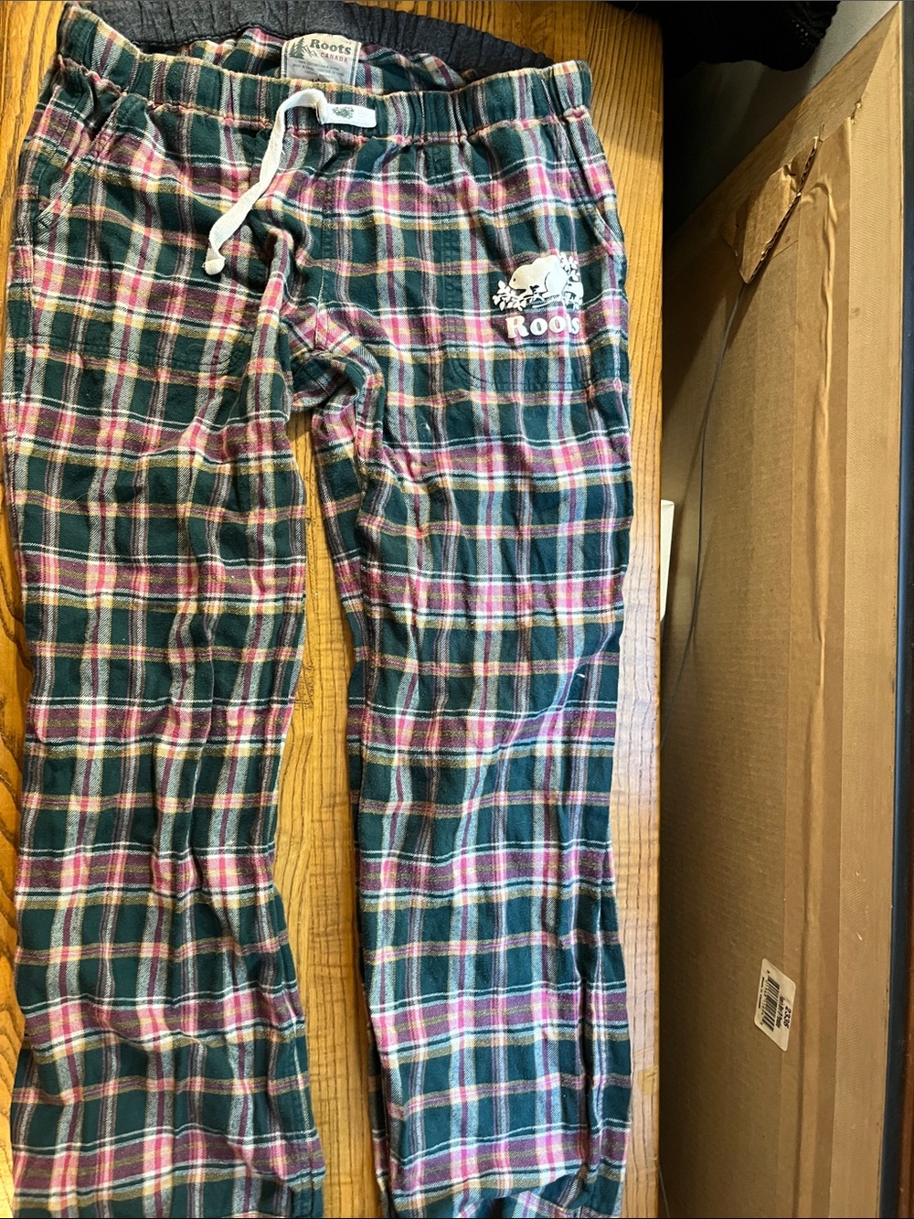 Roots Green and Pink Plaid Women's Pajama Pants with Drawstring